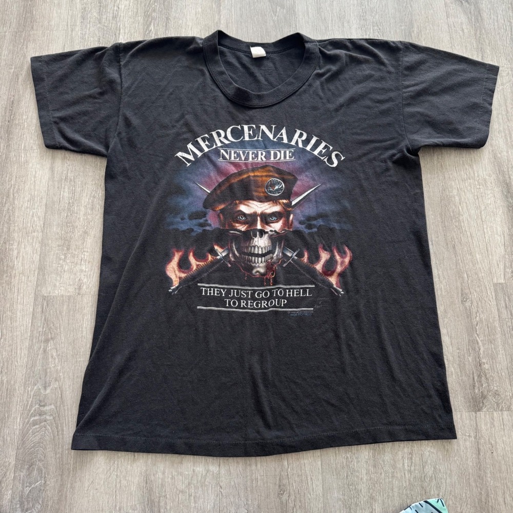 Vintage 1988 Rothco Mercenaries Never Die T-Shirt Skull Graphic Black XL Single
